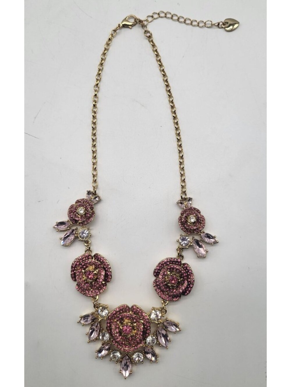 Betsey Johnson Pink Crystal Rhinestone Floral Rose Necklace Statement Gold Tone - Picture 3 of 10